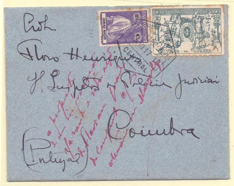 1308 f.jpg -     Lote:    1308 (frente)            Lourenço Marques       Descrição:         1924 &mdash; Ceres. OM74, 25c preto. Circulado do Porto (10.04.25) para a Messejana com selo adicional do imposto postal "Padrões da Grande Guerra" de 10c CE IP17.        IC       Valor Base:     &euro; 15,00     Valor Venda:     &euro; 26,00     